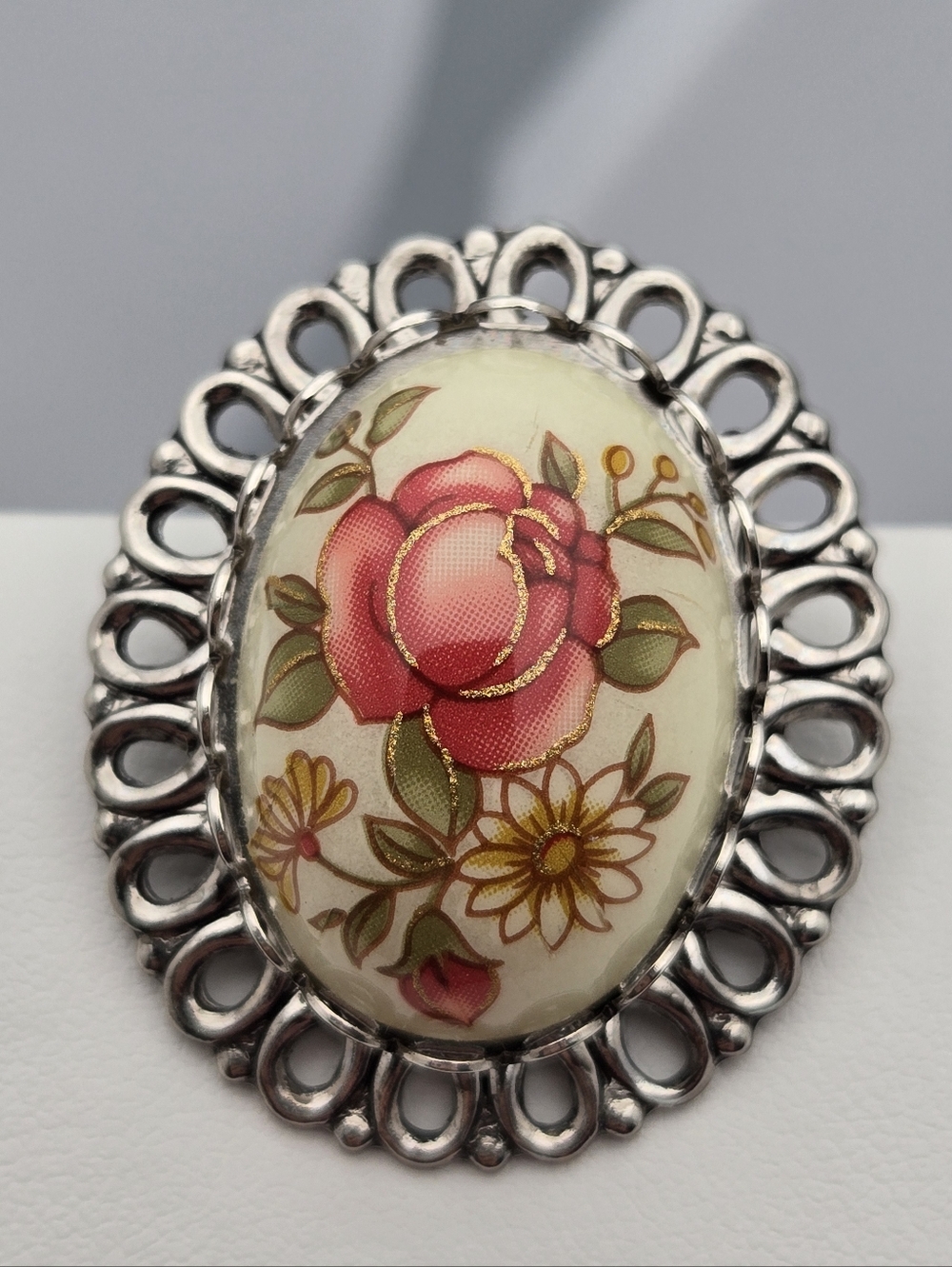 Vintage Style Rose Brooch Ceramic Painted Floral Center Filigree Silver Tone